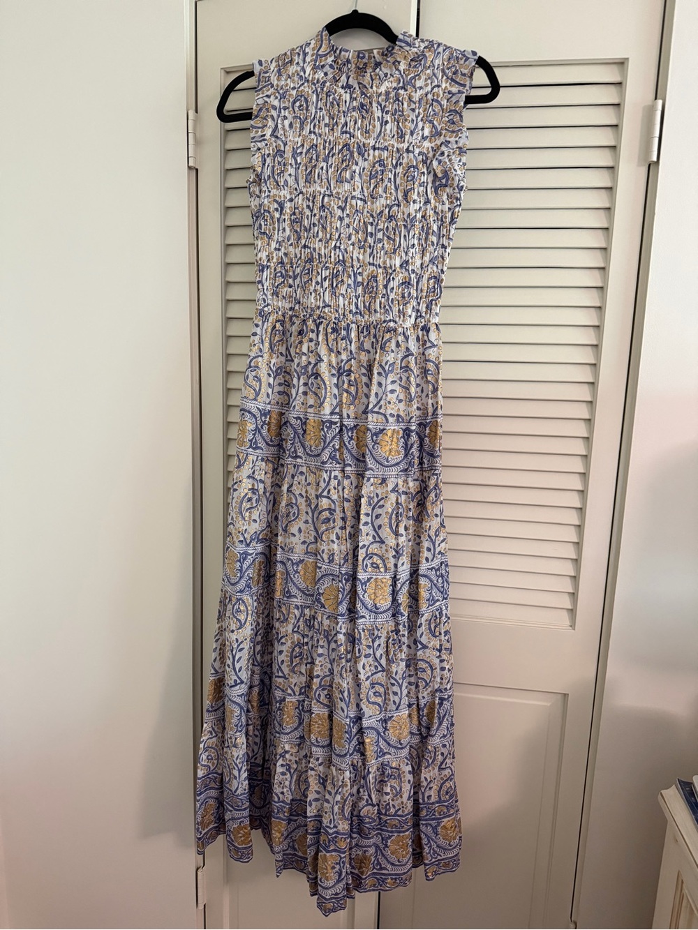 Oliphant Blue & Gold Paisley Smocked Maxi Dress